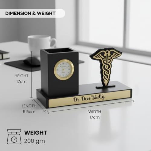 Image of Giftana Personalized Doctor Pen Stand with Name & Clock | Wooden Desk Organizer with Doctor Emblem (Caduceus Symbol) | Customized Pencil Holder for Doctors, Medical Students | Birthday Gifts