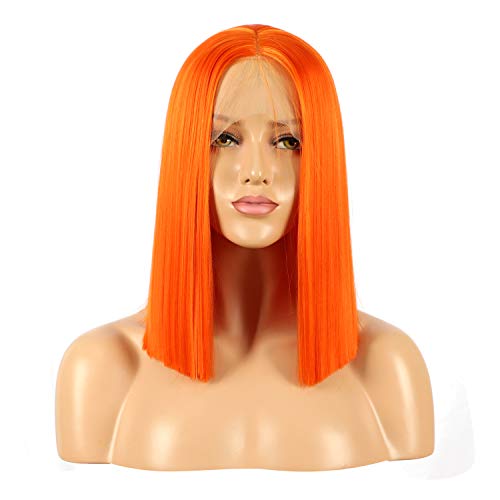 ALICE Lace Front Wigs Bright Orange Bob Wig, 14" Short Orange Red Wig Natural Straight Synthetic Full Wig for Women