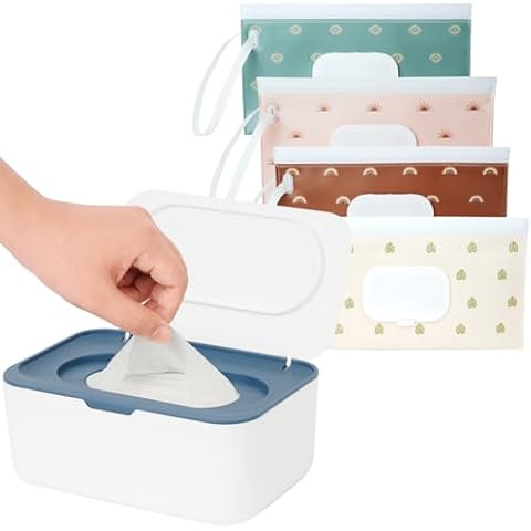 Wipes Dispenser with 4 Pack Portable Baby Wipe Case, Wipe Holder for Baby & Adult, Seposeve Refillable Wipe Container, Keeps Wipes Fresh, Easy Open/Close Wipes Pouch Case, Blue + 4 Multicolor Cover