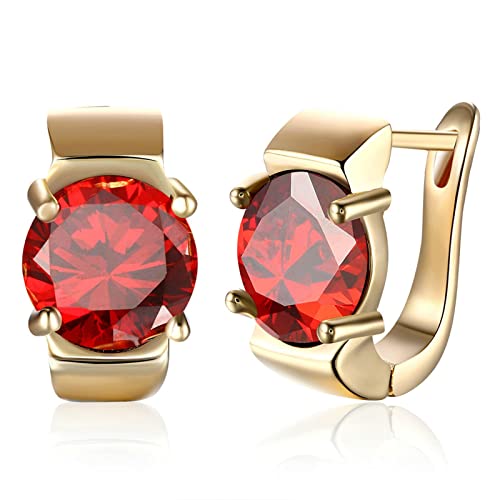 ZQHWYZ 18K Gold Earrings for Women, Elegant Hoop with Round Lab Ruby Red Hoop Earrings for Women Gold
