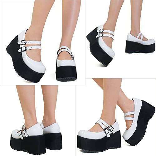 CELNEPHO Mary Jane Shoes for Women, Double Ankle Strap Mid Wedge Heel Platform Dress Shoes Gothic Pumps Shoes White3