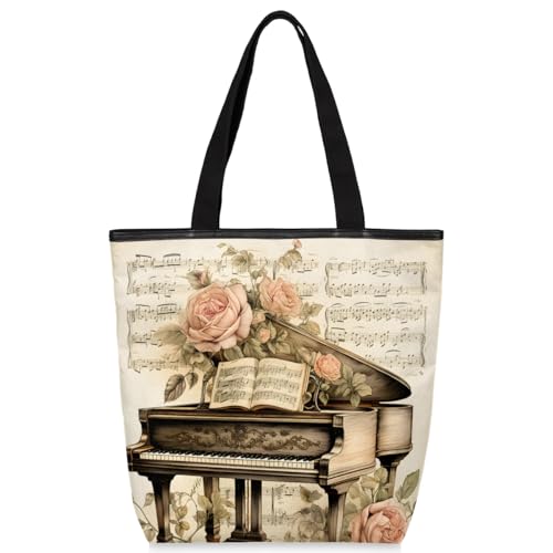 Mularoka Piano Rose Vvintage Canvas Tote Bag with Zipper and Pockets Canvas Tote Shopping Bag Women Reusable Grocery Bag for Beach Travel Gym Shopping