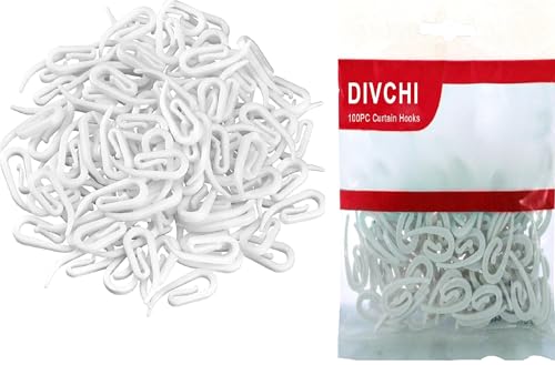 DIVCHI 100 Pack Curtain Hooks Plastic White Premium & Heavy Duty Drapery Hooks - Ideal for Windows Doors & Shower Curtains - Fits All Types of Curtains