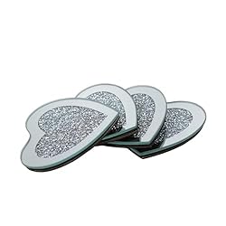 SERENA'S ® 4 Pack Crushed Diamond Crystal and Mirror Coasters Set of 4 Glittering Silver Coasters for Home Kitchen Bar & Restuarant Decor (Heart)