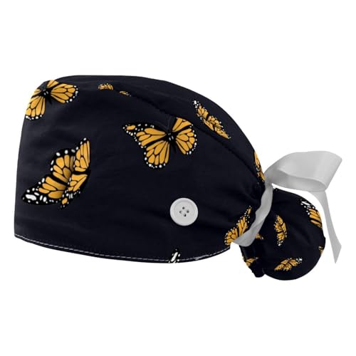 Vcedizo 2 Pack Working Cap with Button Sweatband, Butterflies Pattern Adjustable Tie Back Nurse Hats Long Hair