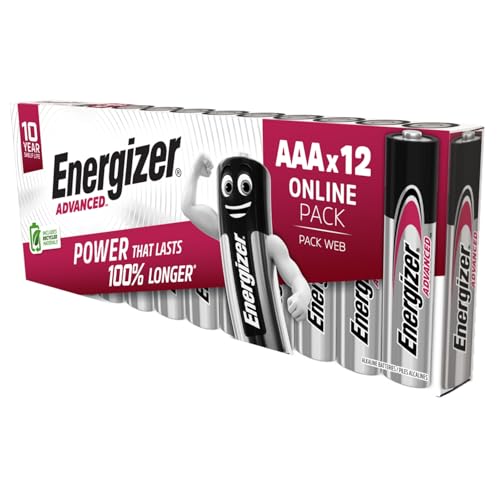 Energizer Advanced - AAA Batteries (12 Pack) - Triple A Battery 1.5V - Up To 100% Longer Lasting - Ideal for High-Drain Devices - 0% Plastic Packaging - 10 Year Shelf Life [Amazon Exclusive]