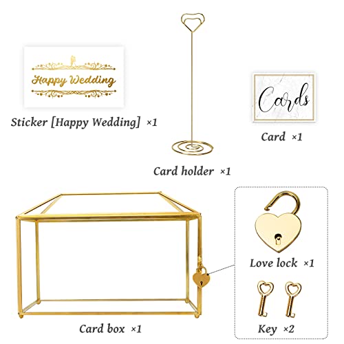Redhugo 12.6X5.9X9 Inches Large Glass Card Box Handmade With Slot And Lock, Wedding Card Boxes For Reception, Graduation, Gift Cards, Party, Brass Geometric Terrarium, Golden Decorative Box #TOP5
