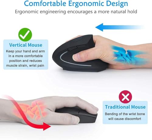 Wowssyo ergonómico Ratón Vertical inalámbrico 2.4G, Bluetooth Ratón Recargable para Windows y Mac OS, óptico, 800/1200/1600 dpi, 5 Botones - Negro - imagen 5