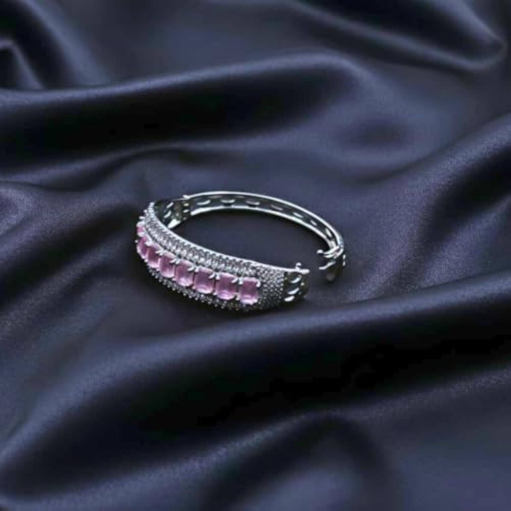 Rhodium Plated Pink Stone American Diamond Kada