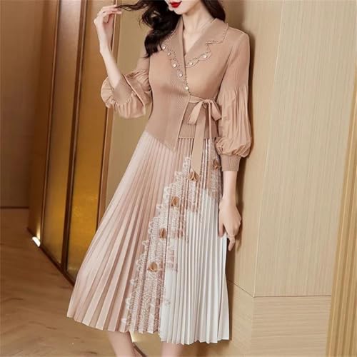 Women's High Stretch Pleated Maxi Skirt Solid Color Notch Neck Print Slim Fit A-Line Skirt2