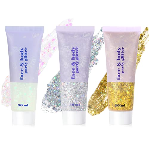 URAQT Body Glitter Gel, 3Pcs 50ml Holographic Mermaid Sequins Chunky Cosmetic Face and
