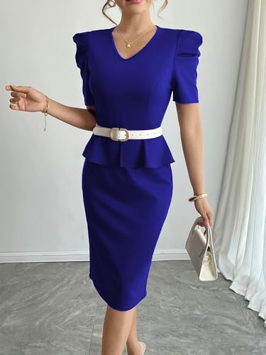 Image of Mokayee Womens Summer Puff Sleeve V Neck Peplum Church Business Work Pencil Dresses