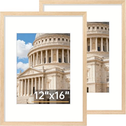 Vittanly 12x16 Picture Frame, Solid Wood Frame with Mat, Natural, 2 Pack