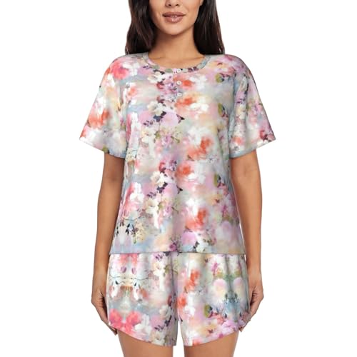 Pyjama 2 pièces floral rose en coton doux pour femme avec short ample