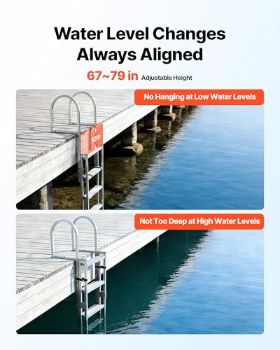 Image of VEVOR Retractable Dock Ladder, 5 Steps, Aluminum Alloy Pontoon Boat Swim Ladder, with Non-Slip Wide Steps, 350 lbs Weight Capacity, Adjustable Height, for Lake Swimming, Pool, Boat, Marine Boarding