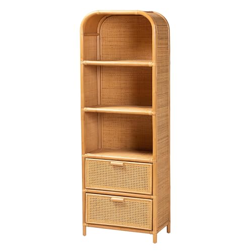Bali & pari Curacao Modern Bohemian Light Honey Rattan 2-Drawer Bookcase