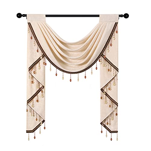 Elkca Beige Chenille Waterfall Valance For Living Room,Single Hollow Swag Valance For Bedroom Kitchen Curtains, Rod Pocket, 1 Panel #TOP6