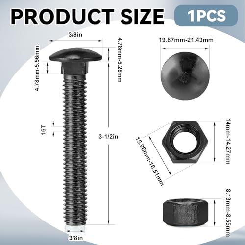 Image of Yaocom 1 Pack 3 /8 x 3 1 /2 inch Long Carriage Bolts with Nuts, Galvanized Steel (Black)