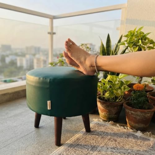 Image of Stool Ottoman Pouffes for Living Room, Kitchen, Home, Office Furniture with Soft Cotton Canva Cushion Mudda Footrest Stool for Chair Sofa Bed Dressing, Green Leather (14 Inch Pack of 1)
