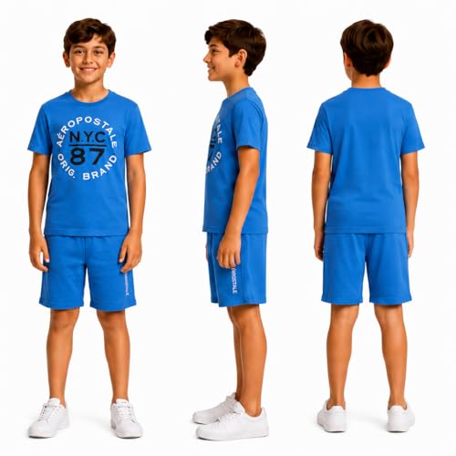 Image of AEROPOSTALE Boys Athletic Shorts Set 3 Piece Graphic T Shirts Fleece Shorts | Soft Breathable Jersey Tees, Elastic Waistband, Side Pockets, Screen-print Design, Durable Stitching for School & Play