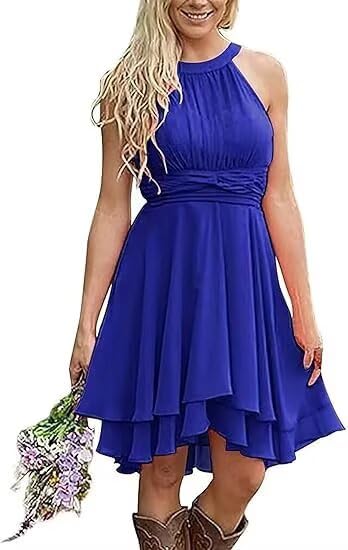 Dymaisei Halter Short Bridesmaid Dresses for Women Chiffon A Line Ruffle Formal Party Dress