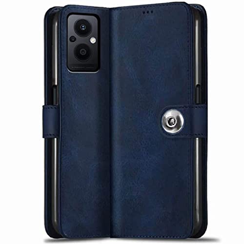 Image of Genuine Matte Leather Finish Flip Cover Compatible Model for Oppo CPH2455 / Oppo F21sPro 5G | Inside Back TPU & Inbuilt Stand | Wallet Stylish Button Magnetic Closure for Oppo F21s Pro 5G - Navy Blue