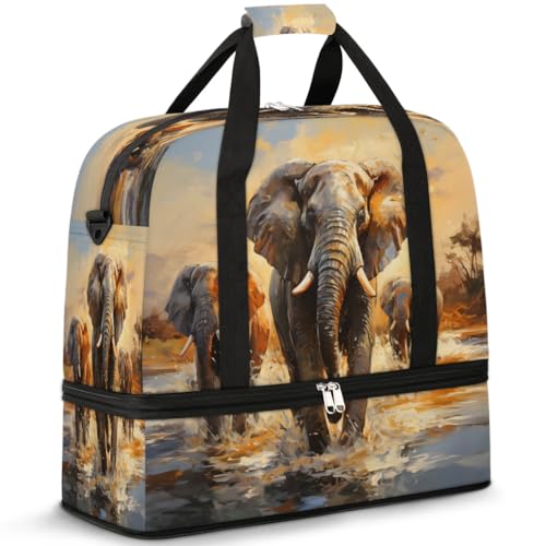 Travel Duffel Bags Retro Africa Elephant Foldable Weekender Bags for Women with Shoes Compartment Waterproof & Tear Resistant Carry on Overnight Luggage Duffel Bag Shoulder Sports Tote Bag,B-242