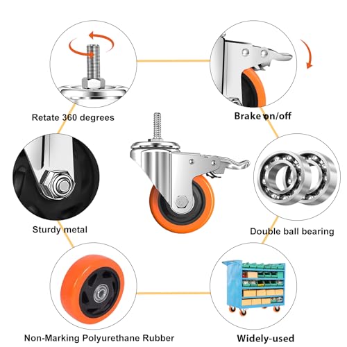 Image of Heavy Duty Stem Caster Wheels M10-1.5X25mm Dual Locking No Noise PVC Threaded Stem Caster Wheels Pack of 4 for Workbench, Dolly, Furniture (2 Inch, Orange)