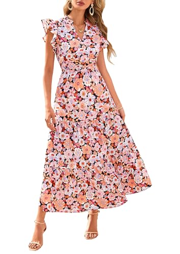 Image of PRETTYGARDEN Women's 2026 Summer Floral Midi Dress Cap Sleeve V Neck Ruffle Long Flowy Boho Casual Beach Vacation Dresses