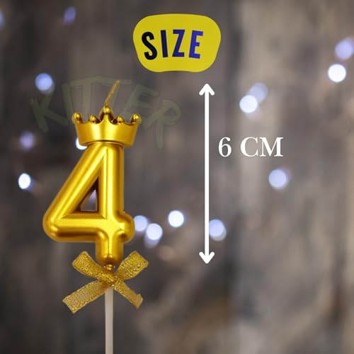 Image of KITTER 1 Pc 4 Number Candle for Birthday Cake Crown Candle With Number Four Metallic Gold Number 4th Birthday Cake Decoration Cake Topper 0-9 Num ber Candles for Anniversary (Pack of 1, Golden Colour)