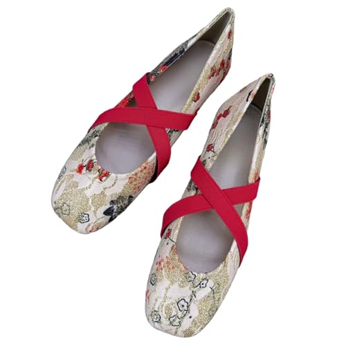 SAILING LU Women's Square Toe Flat Shoes Dressy Ballerina Flats Cross Ankle Strap Shoes Comfortable Walking Loafers