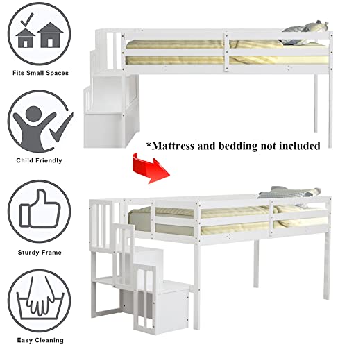 Citylight Low Loft Bed With Staircase,Twin Size Kids Loft Bed With Step Storage,Wood Loft Bed Frame Twin With Safety Guardrails For Girls, Boys,White #TOP3