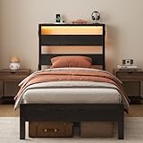 Bestier Twin Bed Frames with Headboard and Charging Station,Twin Size Bed Frame for Boys with LED Light, Non-Slip Metal Bed Frame, Noise-Free, Easy Assembly,Black