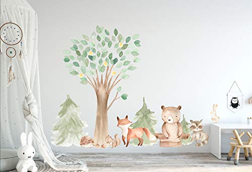 InnovativeStencils Woodland akwarela naklejka ścienna dąb sosna drzewo zwierzęta stworzenia - niedźwiedź, lis, szop pracz, królik, wiewiórka, porcupine tkanina naklejki do pokoju dziecięcego #3061 (183 cm wysokie drzewo (w tym liść))