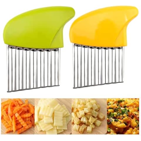 Potato Chopper Wave Cutter Stainless Steel Crinkle Cut Chip Cutter Vegetable Cutter for Potatoes, Onions, Fruit, Vegetables (Green and Yellow) Cover