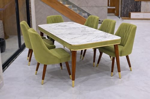 Image of WOODEN SPACE 6-Seater Wooden Dining Table Set | Nano Composite Marble Top | Solid Wood Base | Modern Dining Room Furniture with 6 Chairs (Green 2)