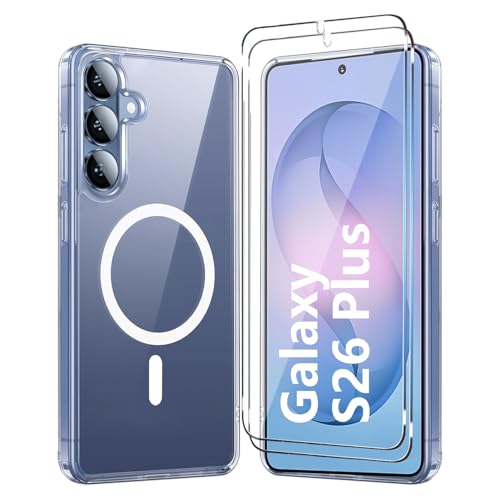 YEQIACAO for Samsung Galaxy S26 Plus Case Clear,Magnetic S26 Plus Case with Screen Protector X2 [Compatible with MagSafe], Shockproof TPU Cover for Galaxy S 26 Plus Phone Cases-Transparent