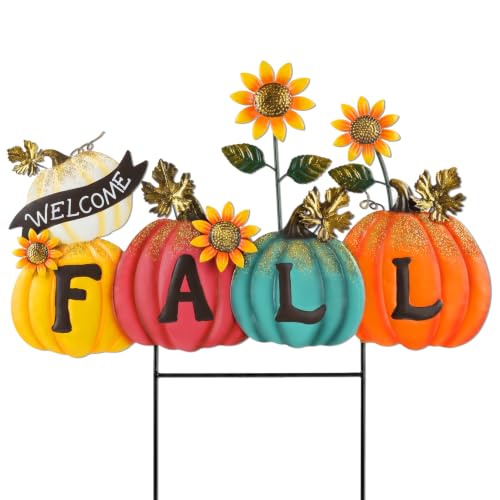 Fernaltona Fall Outdoor Decorations - Metal Pumpkin Yard Stakes with Fall Letters & Sunflower, Cozy Rustic Farmhouse Thanksgiving Outdoor Decor for Front Porch Lawn Garden Patio