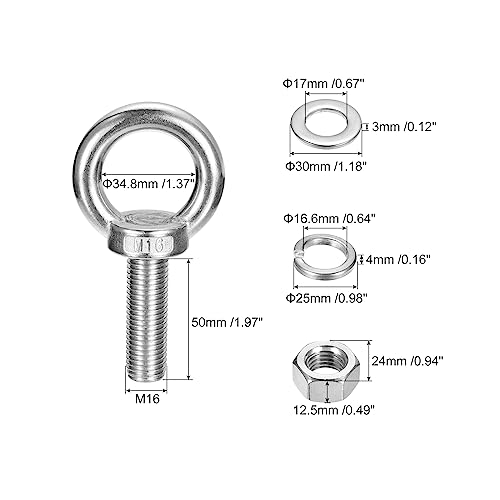 Image of uxcell Lifting Eye Bolt, 1 Set M16x50mm Eye Bolt with Nut Washer 304 Stainless Steel Shoulder Lifting Ring Eye Bolt for Hanging Item