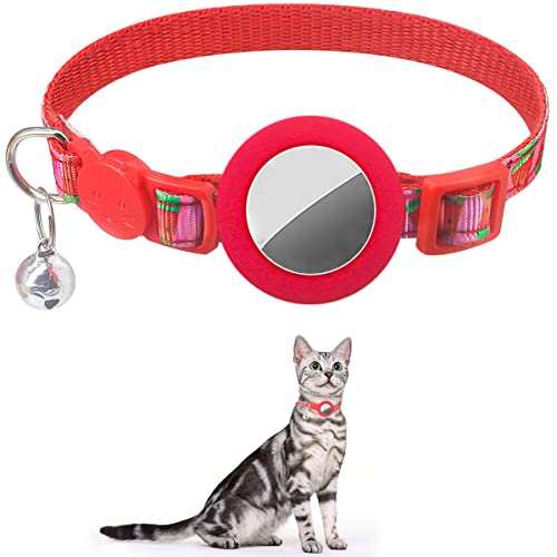 Aucenix Airtag Katzenhalsband mit Glocke, Halsband Katze mit Abnehmbarer Sicherheitsverschluss, Verstellbares Katzen Halsbänder für Katzen, kleine Hunde mit niedlichen Mustern, leuchtende Farbe (Rot) Cover