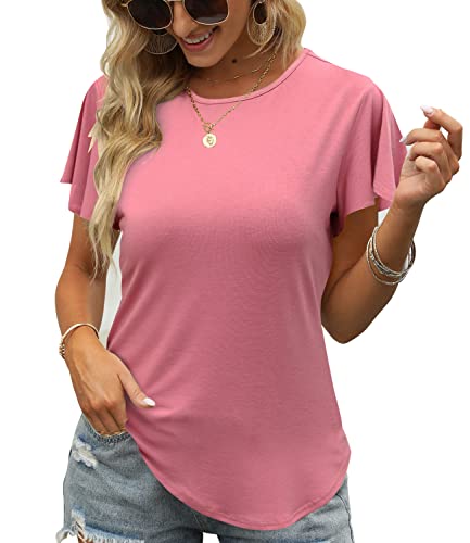 Alimasha Womens Tshirt Ruffle Short Sleeve Round Neck Tunic Casual Tops Loose Fit Ruffle Loose Fit Flowy Summer T-Shirts #TOP1