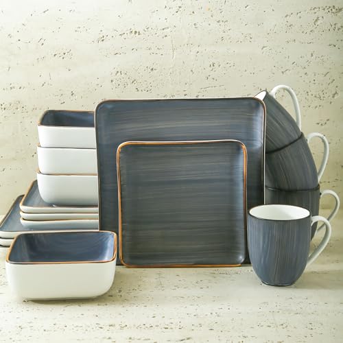 Stone Lain Esmeralda Porcelain Dinnerware Set, Service for 4, 16 Pieces Square Grey Brushed Design - Thumbnail 3