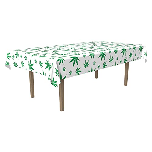 Beistle Tropical Fern Leaf Tablecover, 54" X 108", White/Green #TOP1