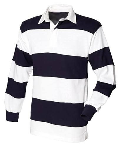 COOZO Men's Regular Fit Heavyweight Sewn Stripe Rugby Shirt - White/Navy - L