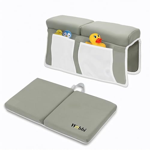 Image of Wobbi Baby Bath Kneeler and Elbow Rest Pad Set - 1.5 inch Thick Memory Foam Knee Pad for Bathing Babies - 6 Suction Cups Non Slip Bath Kneeling pad with Toy Storage - Foldable & Quick Drying (Green)