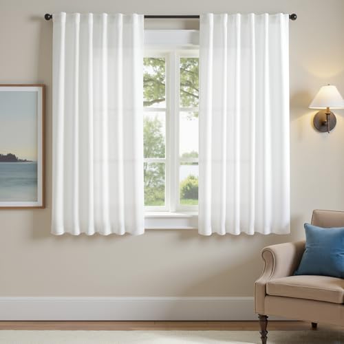 Image of jinchan White Curtains for Living Room Bedroom Linen Textured Curtains 63 Inches Length 2 Panels Farmhouse Casual Weave Back Tab Drapes Light Filtering Window Draps Set
