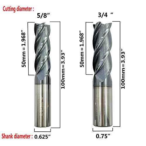 5pcs 1/4”, 3/8”, 1/2”, 5/8”, 3/4” Carbide Square End Mill, HRC 45 Deg Single End 4 Flute AlTiN Coating Mill Bits (5pcs End Mill Set)