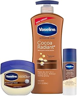Vaseline Intensive Care Cocoa Radiant Lotion, 20.3 oz Bundled with Moisturizing Healing Jelly Cocoa Butter, 7.5 oz and Cocoa Shimmer Jelly Stick, 1.4 oz, Moisturized Skin with Light Cocoa Butter Scent