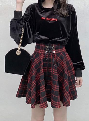 KASTWAVE Women's Gothic Punk Black Red Plaid Pleated Skirt Dress, High Waisted Short A-Line Flare Mini Skirt, Plaid Pleated Skirt for Girls, Women (Black Red, M)