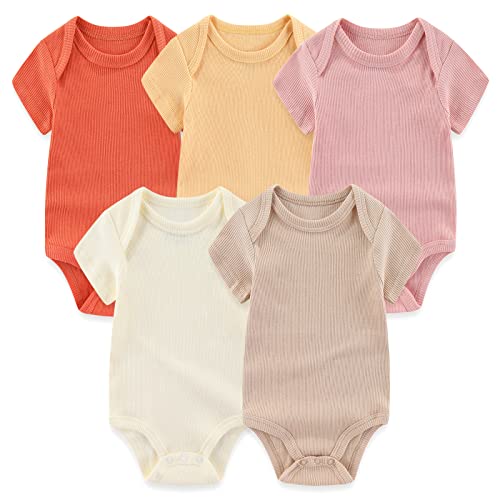 Image of MAMIMAKA Newborn Baby Short Sleeve Bodysuit Cotton One-Piece Baby Clothes 5-Pack, 0-12 Months